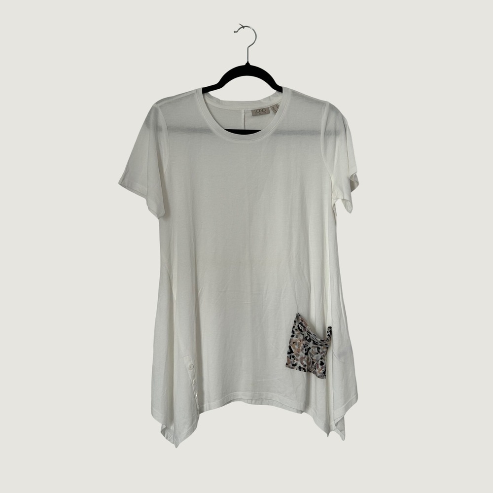 LOGO Lori Goldstein Tunic Women S White Sharkbite Leopard Pocket Side Button